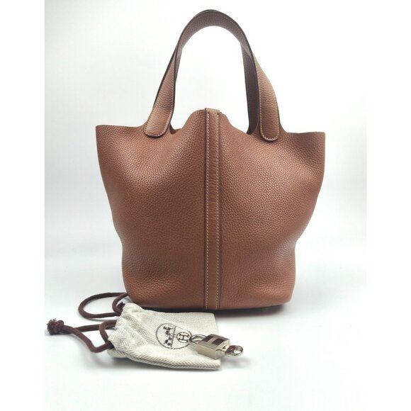 Pre-owned Hermès Taurillon Clemence Picotin 22 Palladium Hardware Tote Gold Brow - Picture 8 of 9